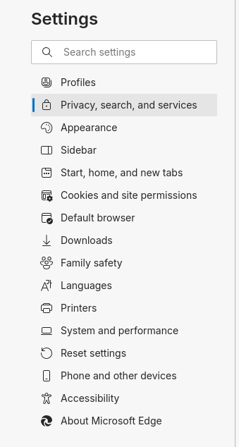 edge privacy, search, and services button